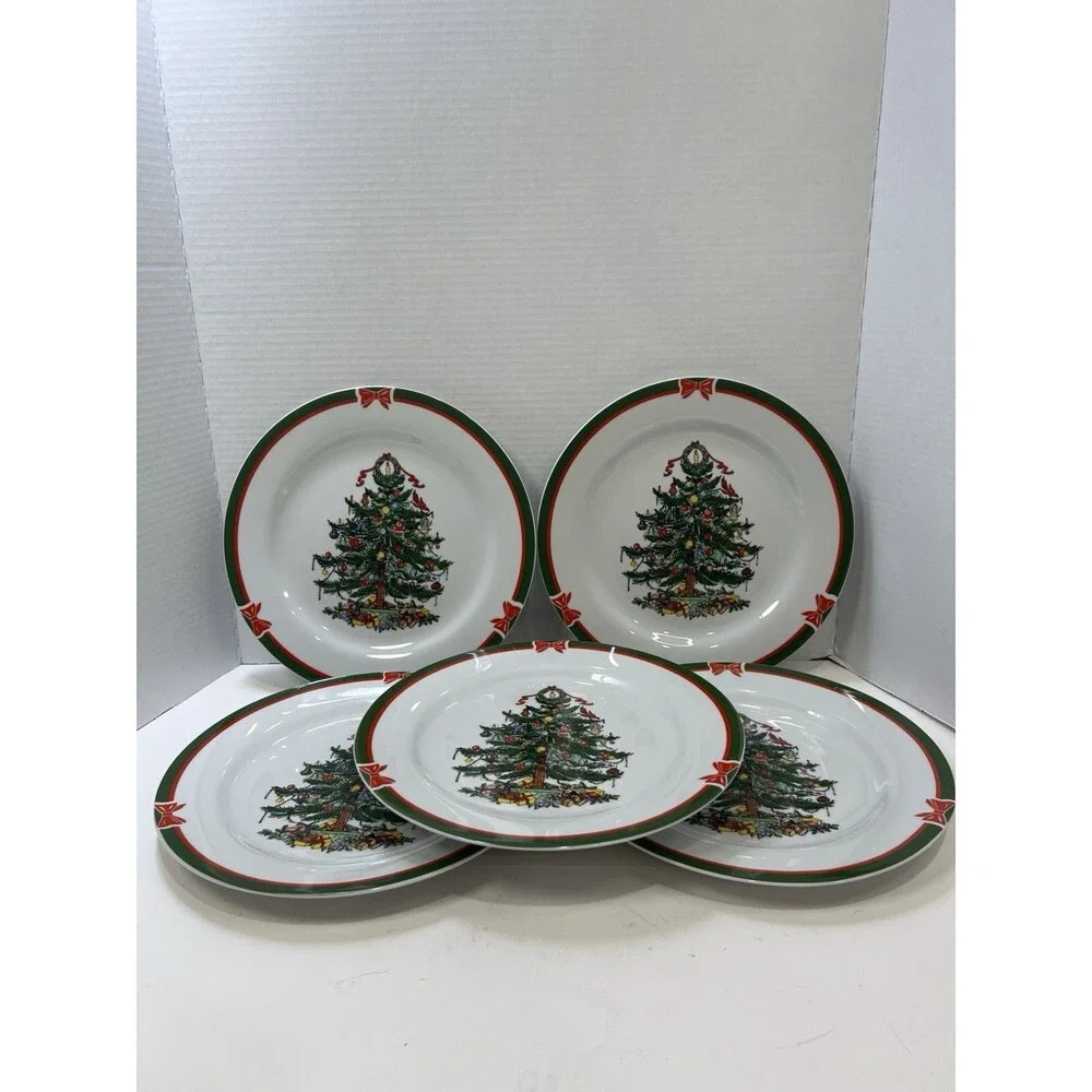Ribbons And Tree Topco Set Of 5 Porcelain Dinner Plates Christmas Tree MS DWS